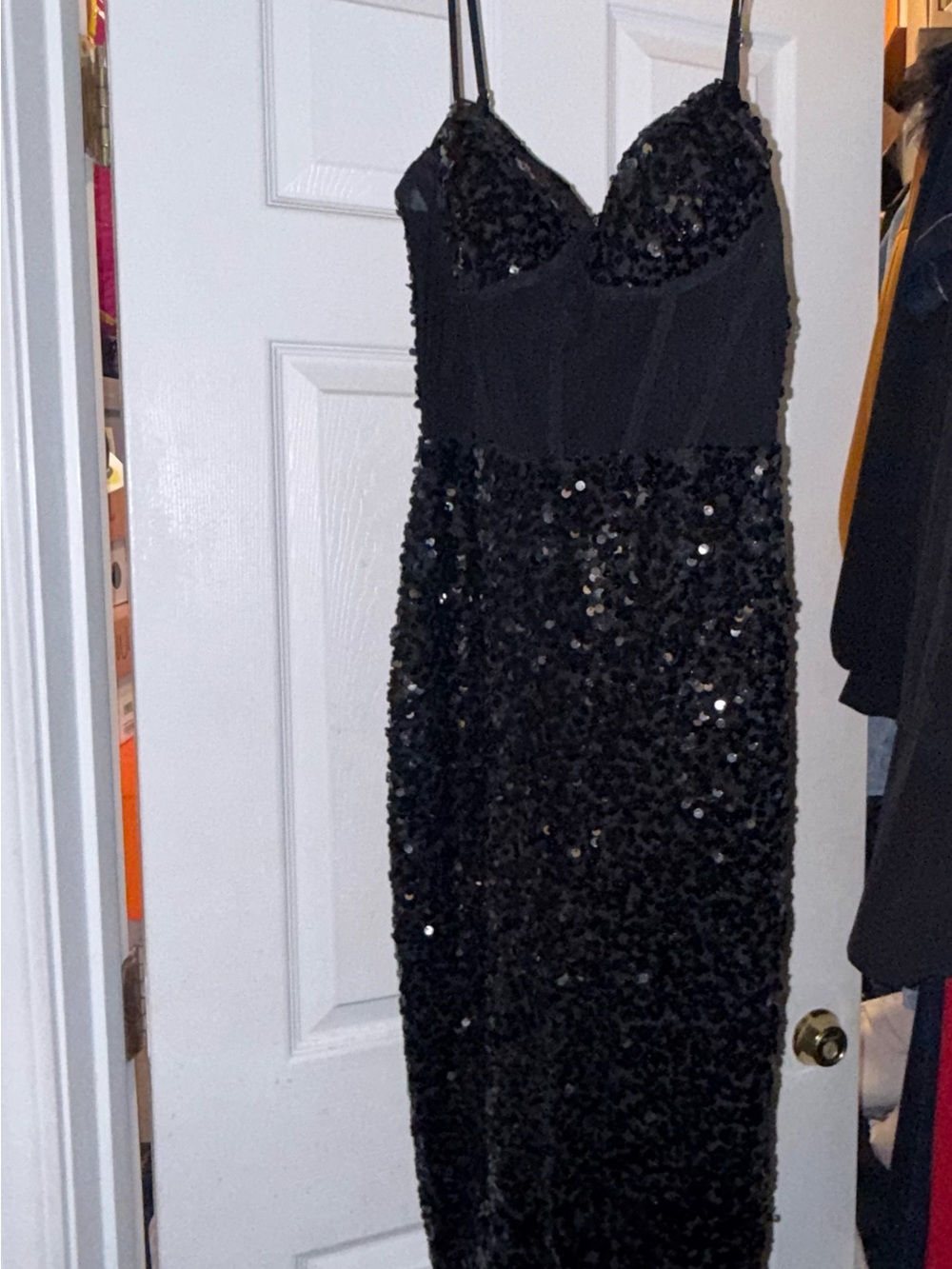 Fashion Nova Black Sequin Evening Dress with Spaghetti Straps
